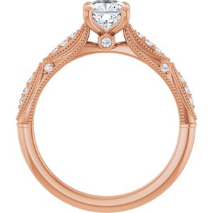 14K Rose 5 mm Cushion Forever One™ Moissanite & 1/10 CTW Diamond Engagement Ring